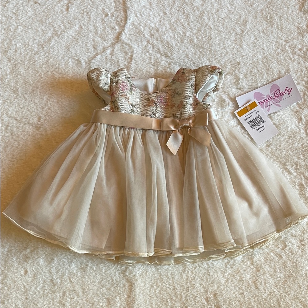 Bonnie Baby Sparkling Floral Bodice Tulle Dress in Champagne SZ 0-3 months